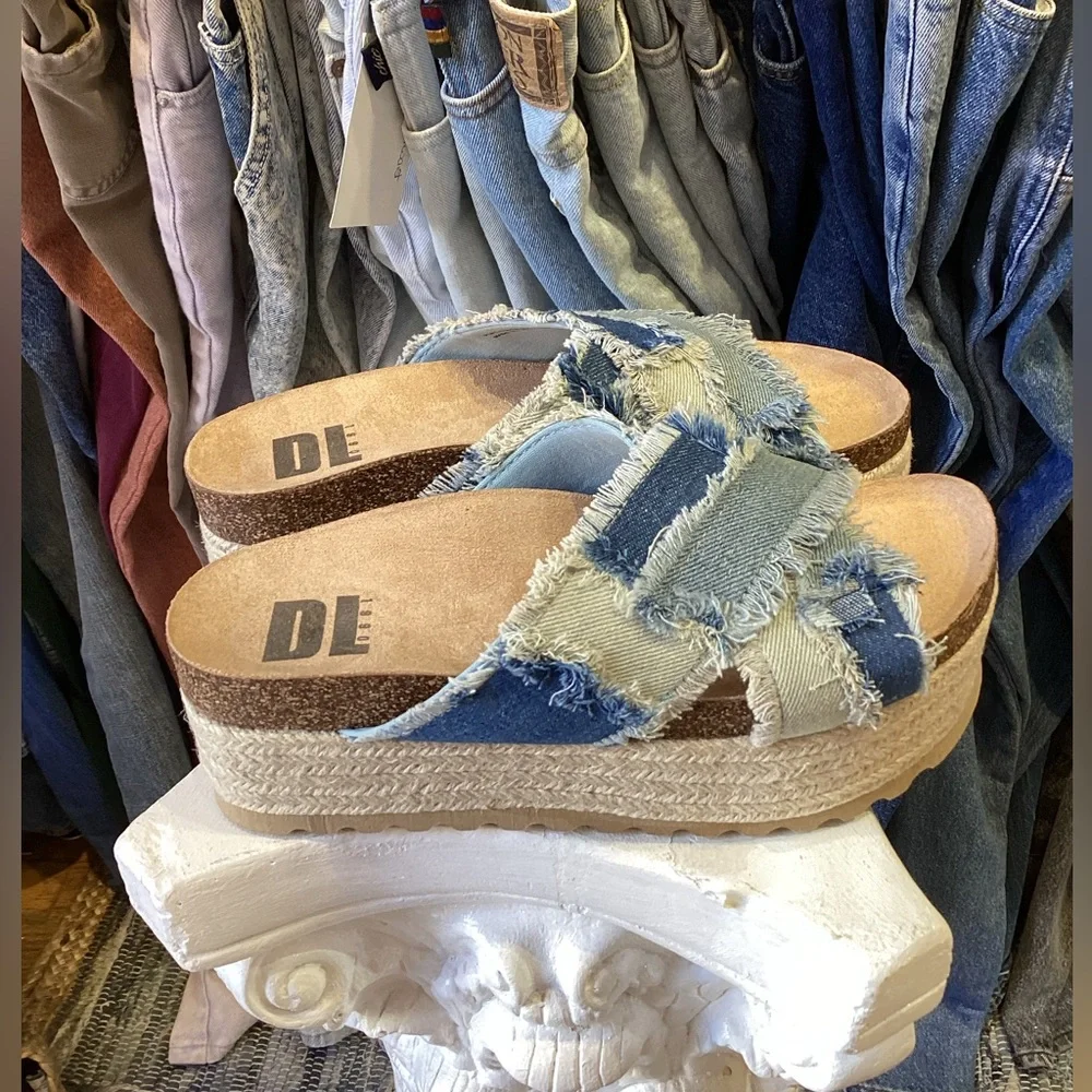 Dirty Laundry Blue Frayed Denim Platform Slide Sandals